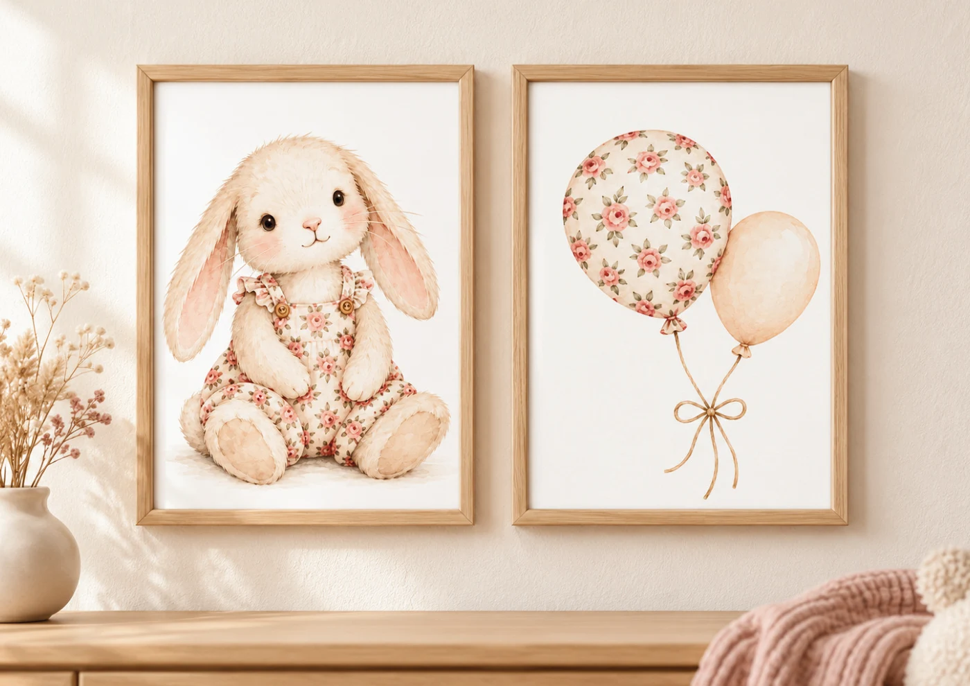 Bunny and balloons print pair displayed in a styled room; frames not included